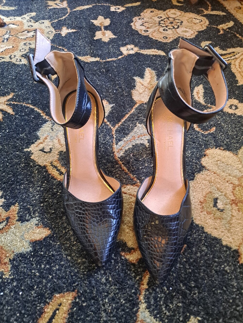 Michael By Michael Shannon Black Croc-Embossed Ankle-Strap Pointed Pumps